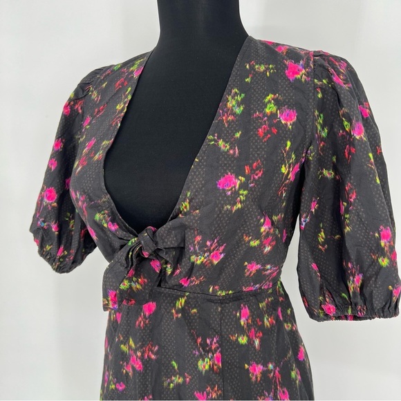 Pam & Gela Neon Ditsy Dress‎ Tie Front Puff Sleeve Mini sz P - Picture 7 of 16